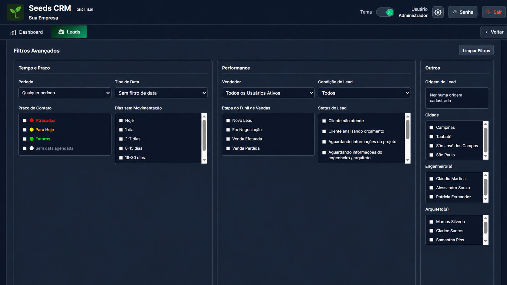 Filtros Seeds CRM